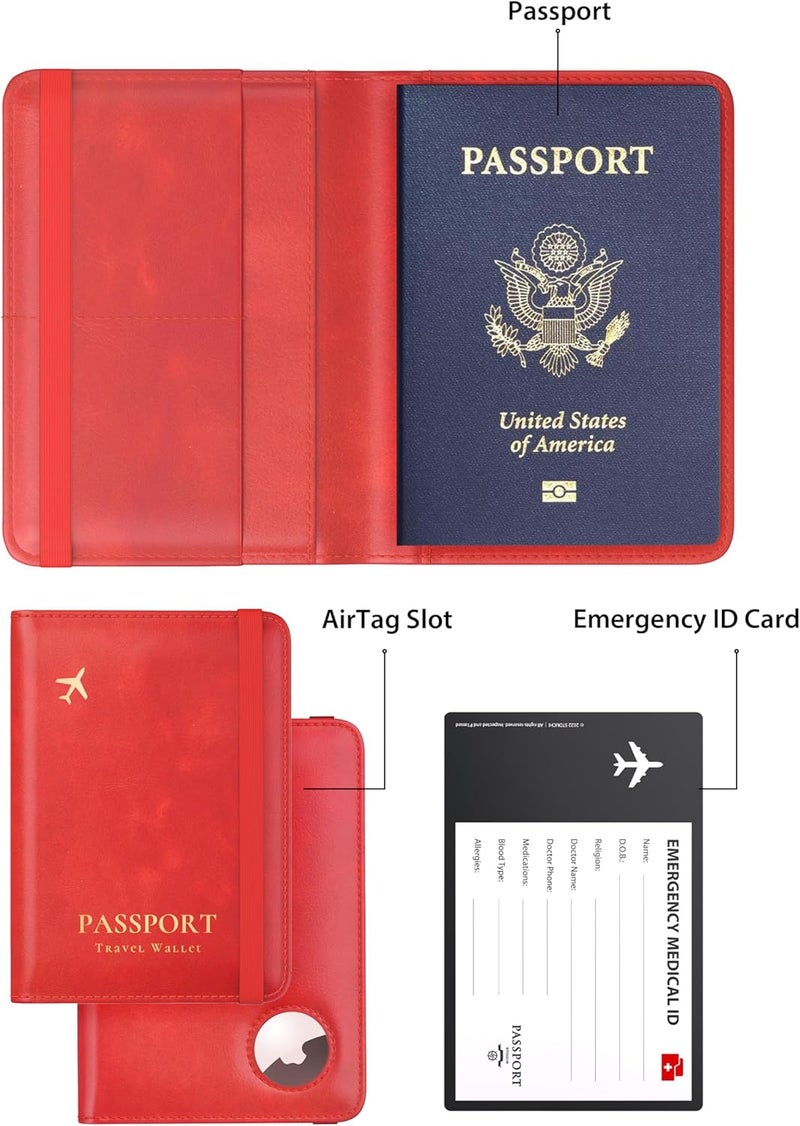 Stouchi AirTag Passport Holder, Simple Passport Holder with Airtag Slot, RFID Passport Wallet Cover for Women, Family Leather Passport Protector Case, Anti-Lost Travel Accessories, Red - Image 2